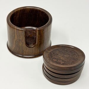 Vintage Carved Wooden Coaster Set With Holder Floral Motif Rustic Cottage